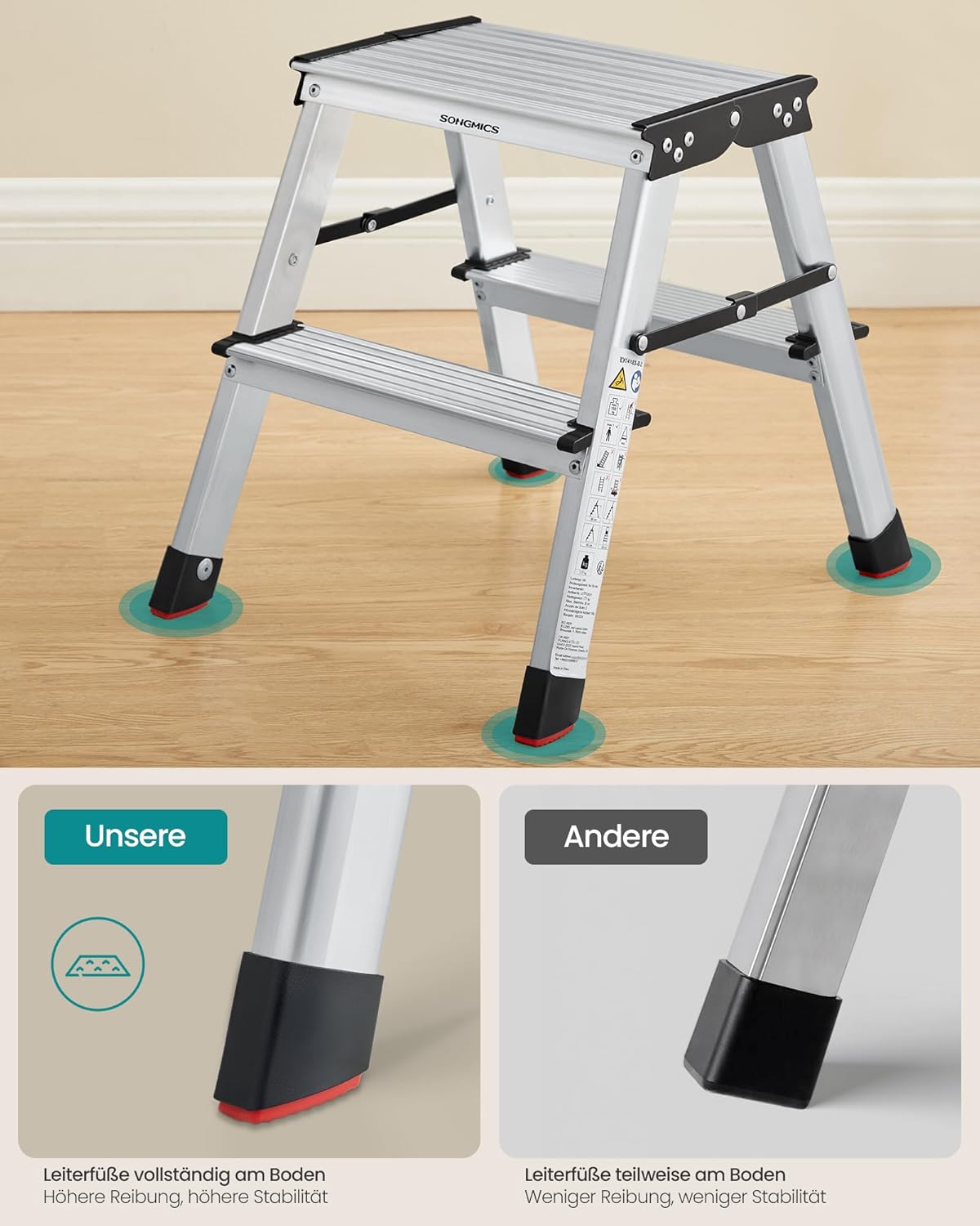 Klappbare Aluleiter mit 2 Stufen, bis 150 kg belastbar, 2 Stufen (45T x 35.5B x 38H cm)