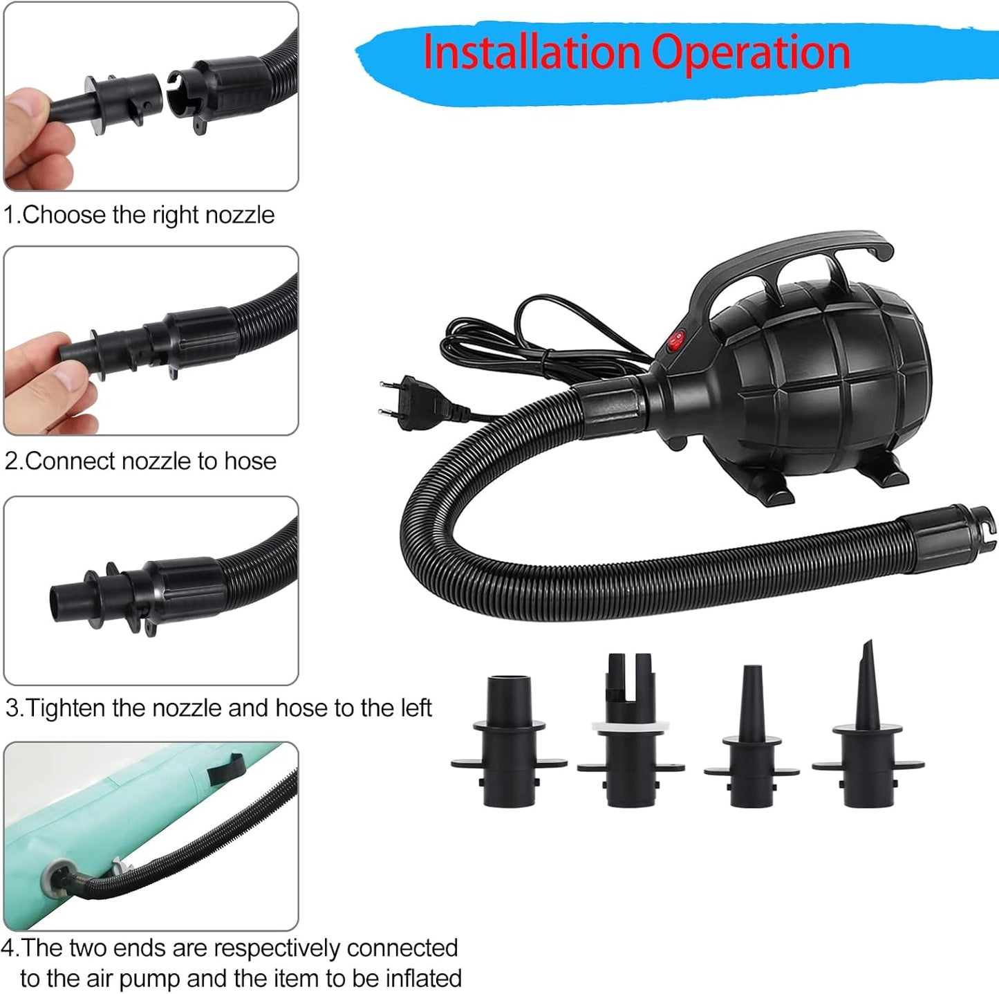Elektrische Luftpumpe ‎SH-302 mit 4 Düsen, Schwarz