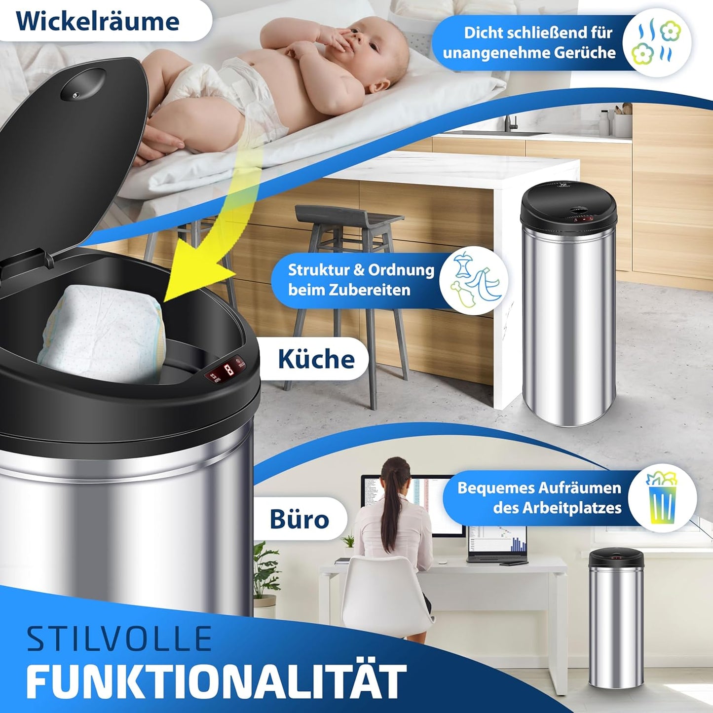 Sensor Abfalleimer mit Automatiköffnung, 56 Liter silber / schwarz