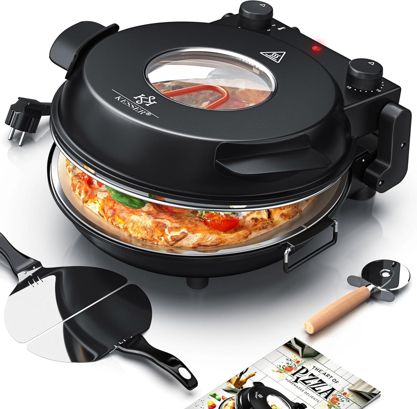 Pizza-Ofen mit feuerfester Steinplatte & Timer, Schwarz