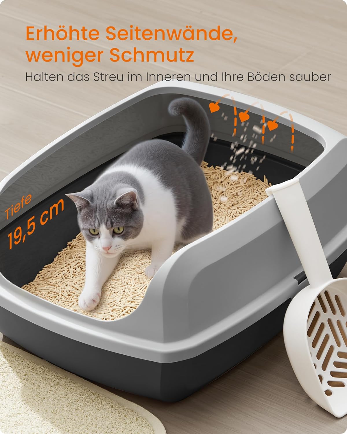 PPT009GN01 Katzentoilette mit hohen Seitenwänden, schiefergrau XL (50,5 x 37,5 x 19,5 cm) offen