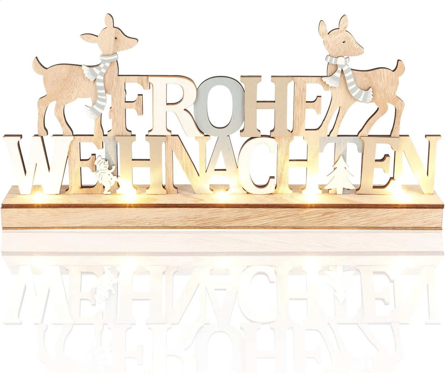 LED Holzaufsteller mit Timer - Frohe Weihnachten, Rentiere - grau