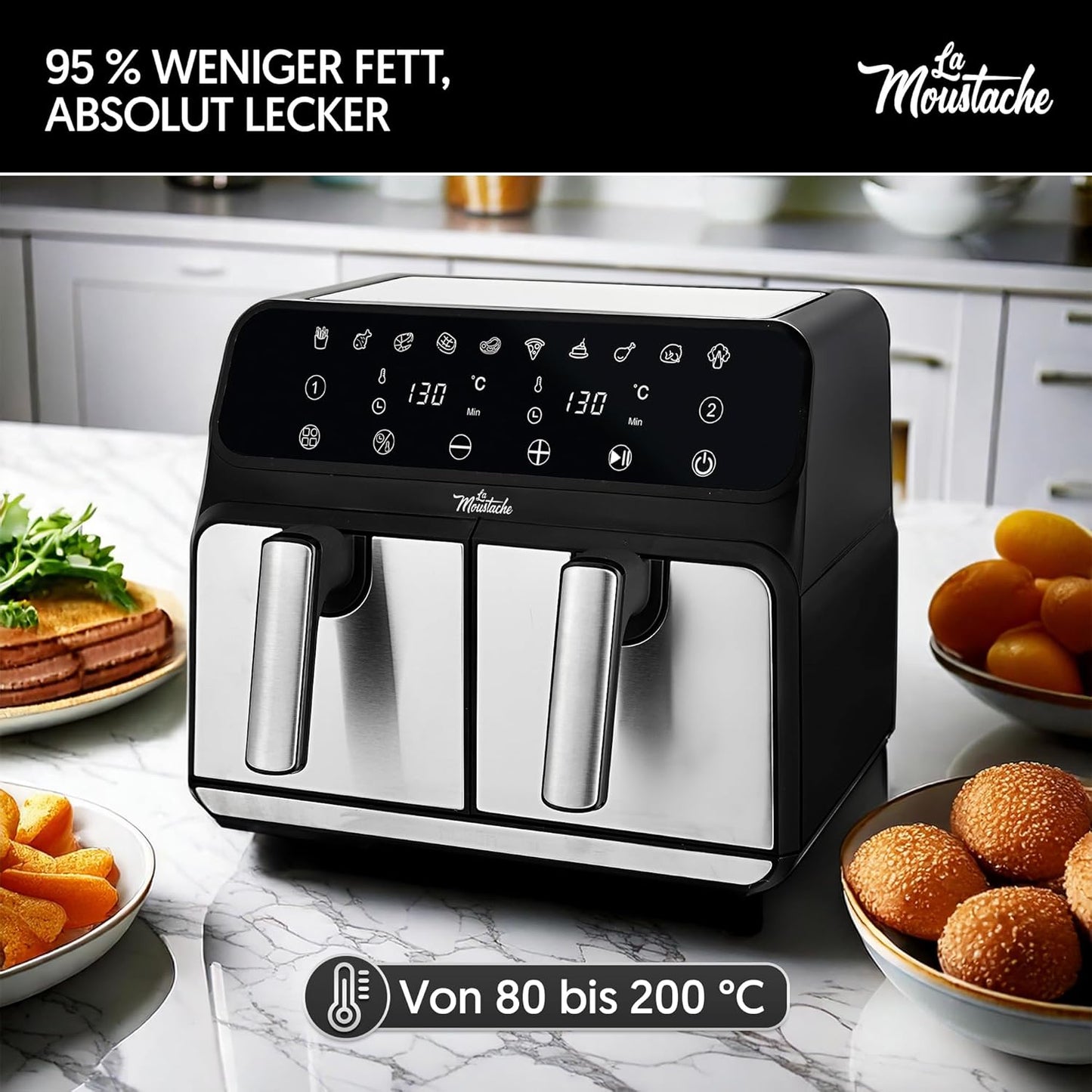 Heissluftfritteuse XXL DuoFry mit 2 Fächern, 8L, 8L Grau - Duofry