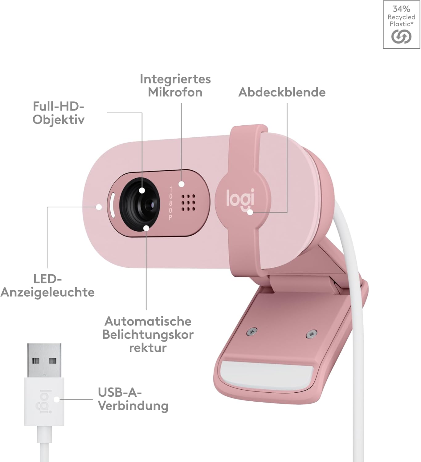 Brio 100 Full HD-Webcam mit Mikrofon und Abdeckblende, Rosa Brio 100