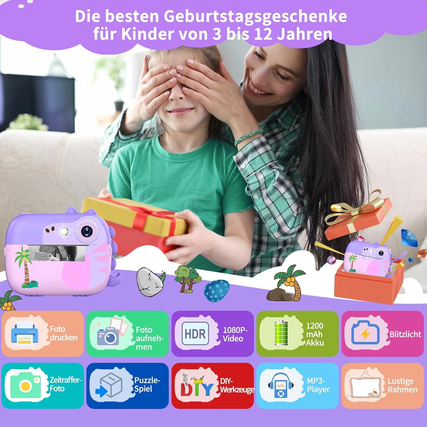 Sofortbildkamera für Kinder (inkl. 7 Rollen Papier), Lila