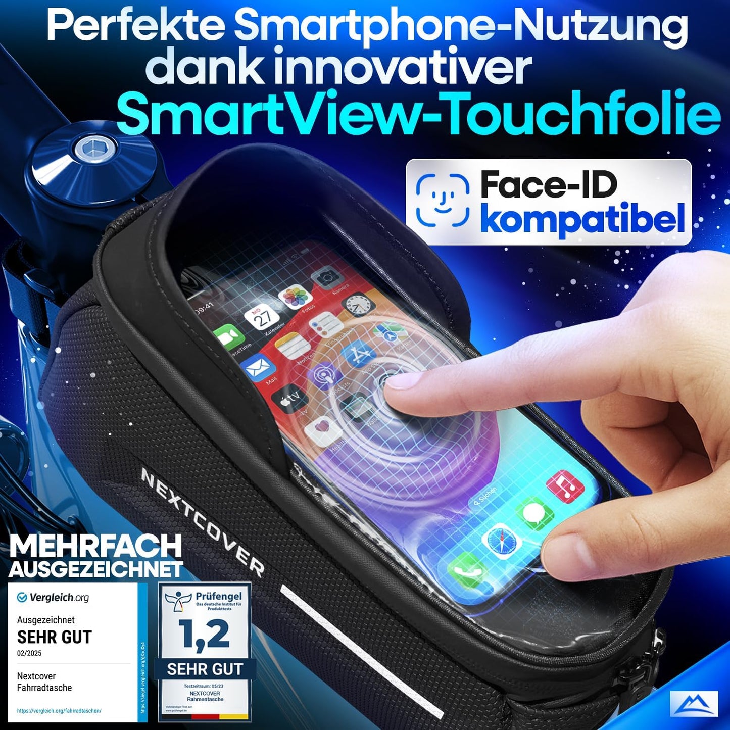 Velo-Rahmentasche mit Handytasche und Touchscreen, Schwarz