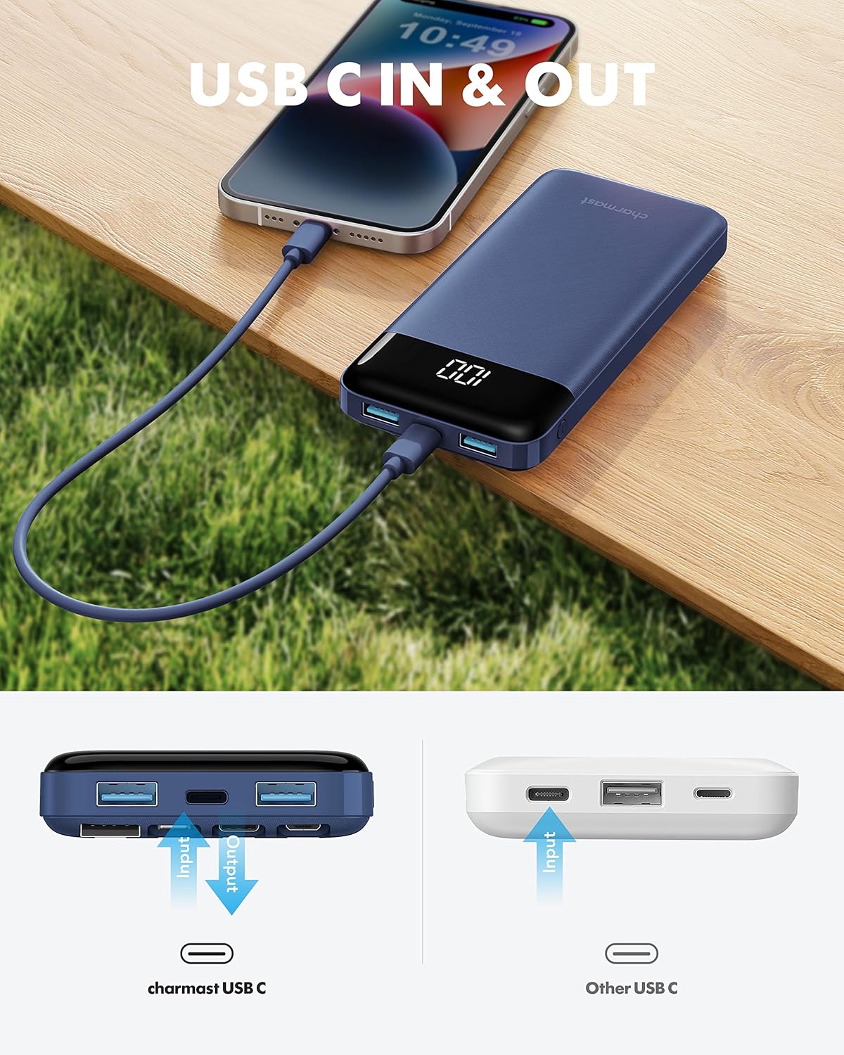 Powerbank mit 4 integrierten Ladekabeln, Blau