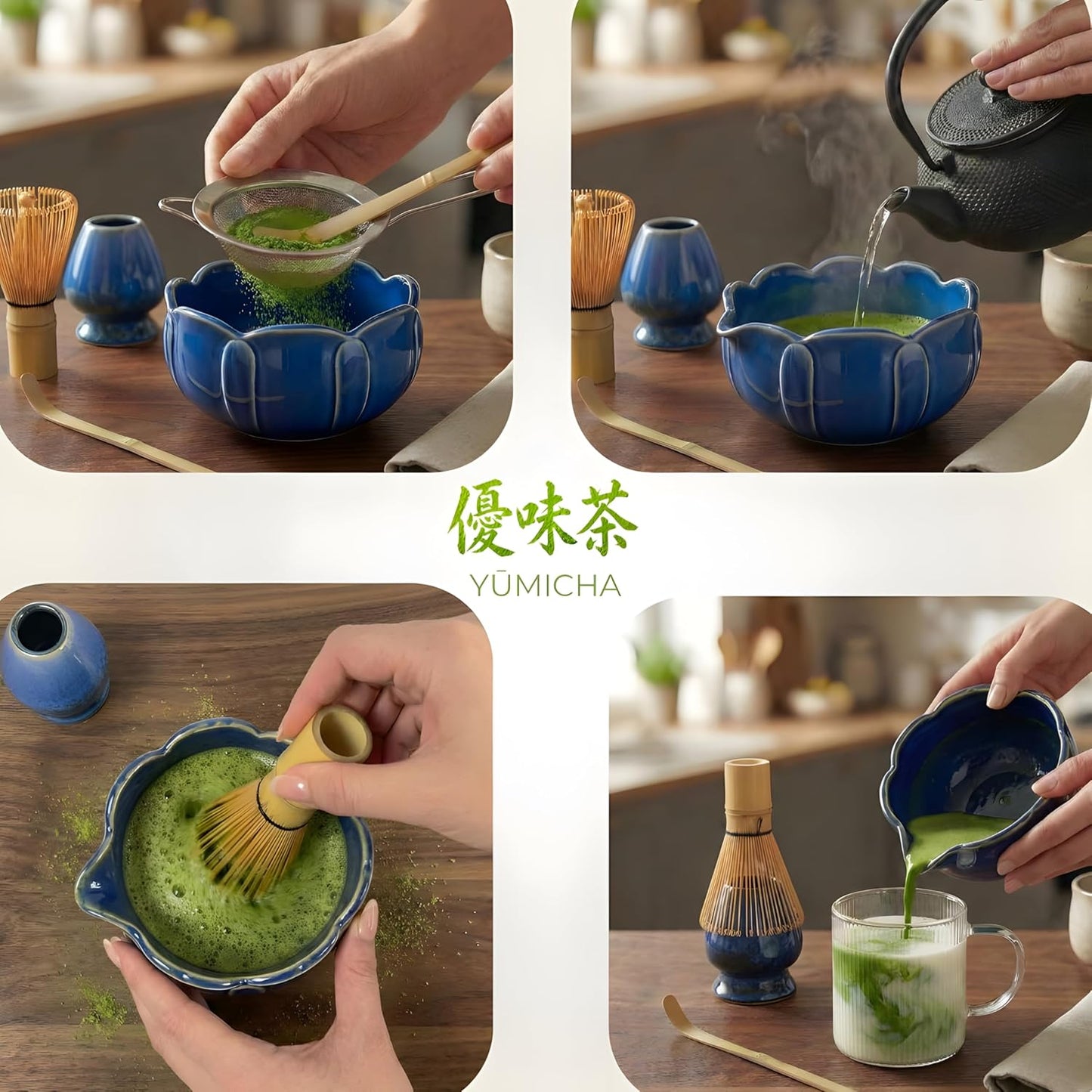 10-teiliges Matcha-Set, Tasche Grün/Service Blau 10
