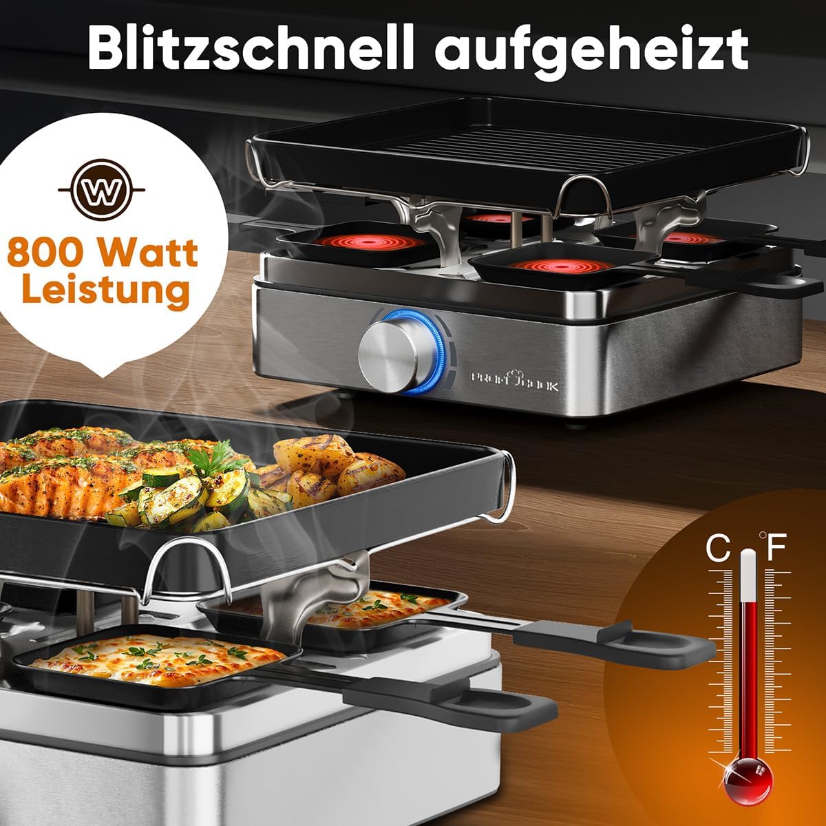 Raclette-Grill für 4 Personen mit Wendegussplatte, Edelstahl