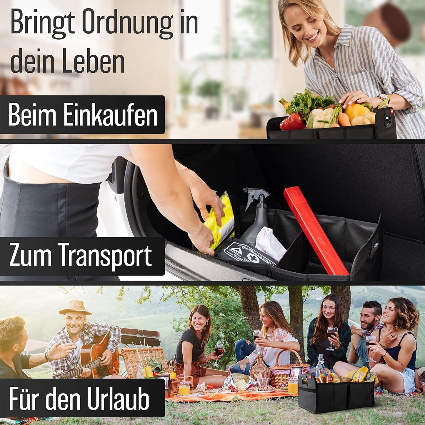 Faltbare Kofferraumtasche mit Anti-Rutsch-Klett, Schwarz