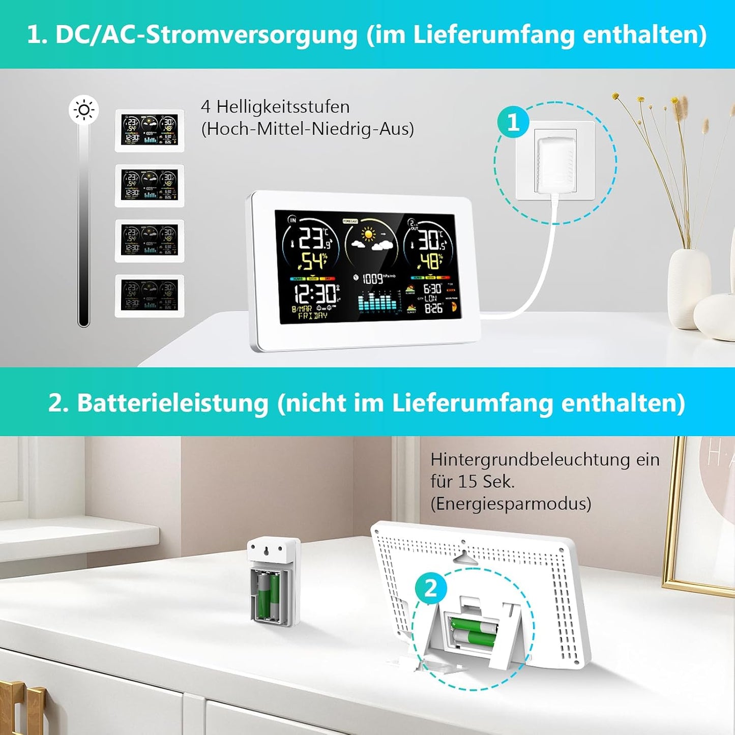 Funk-Wetterstation mit Aussensensor und Farbdisplay, Elfenbein