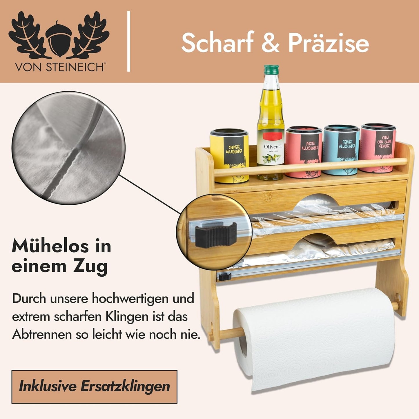 Wandrollenhalter für Küchenrolle, Alufolie & Frischhaltefolie, Bambus-Holz