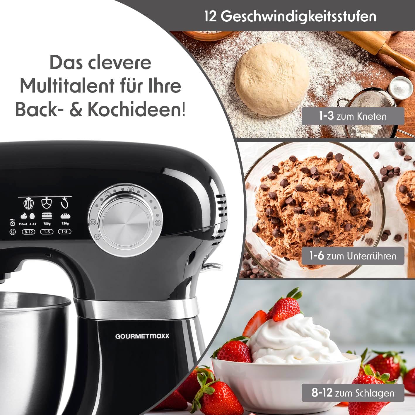 Multifunktionale Küchenmaschine mit Rührschüssel, Schwarz
