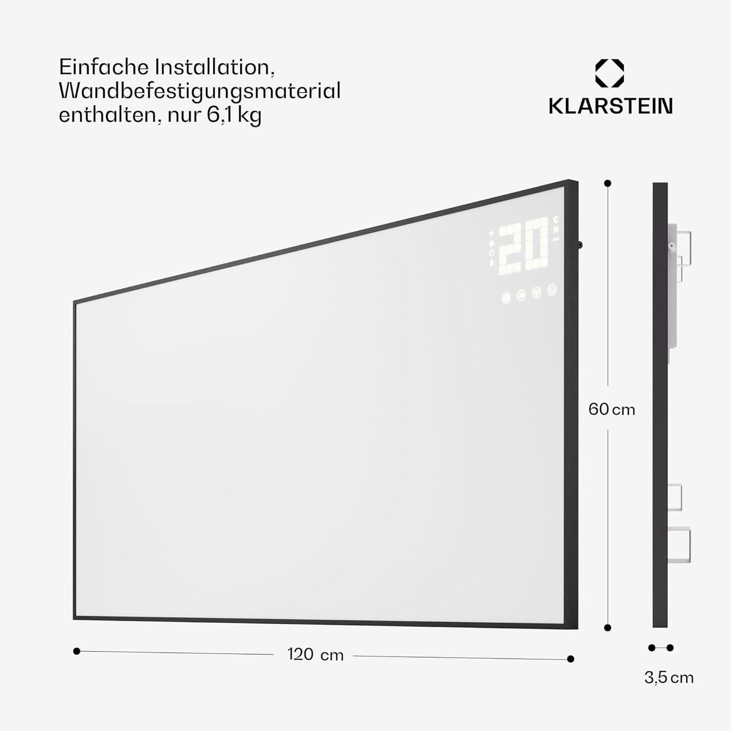 Infrarotheizung mit Thermostat & App-Steuerung, 770 W Weiss / Schwarz Horizontal