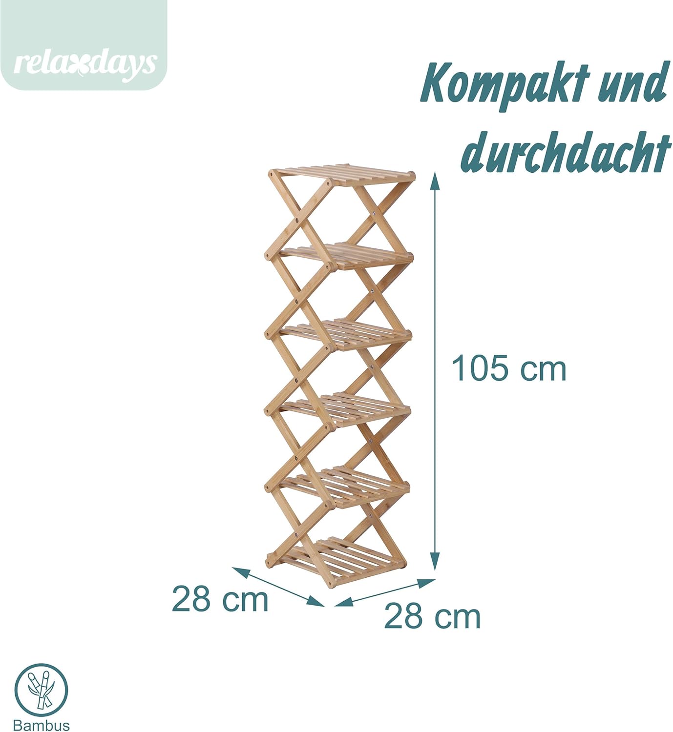 Klappbares Schuhregal mit 6 Ablagen (Bambus), 105 x 28 x 28 cm