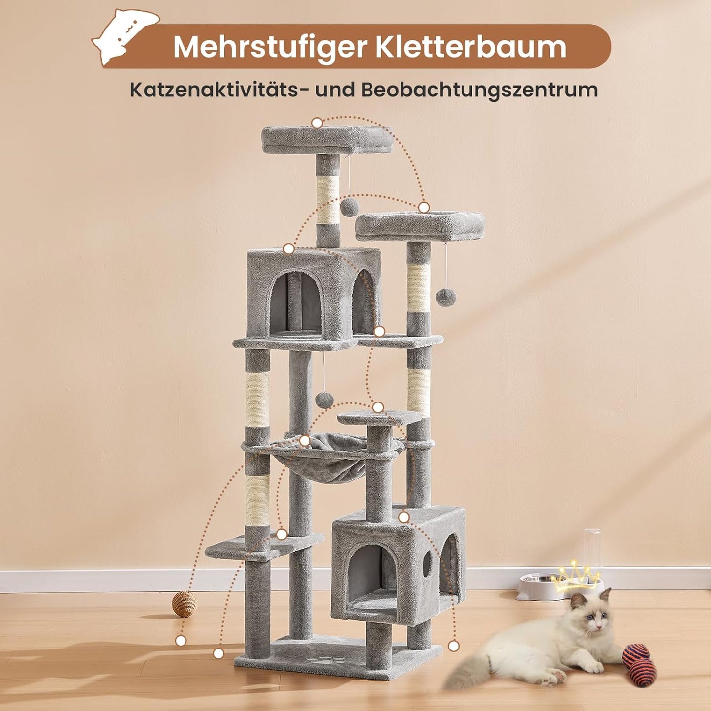 Katzenkratzbaum mit Hängematte und Plattformen, Hellgrau 160 cm