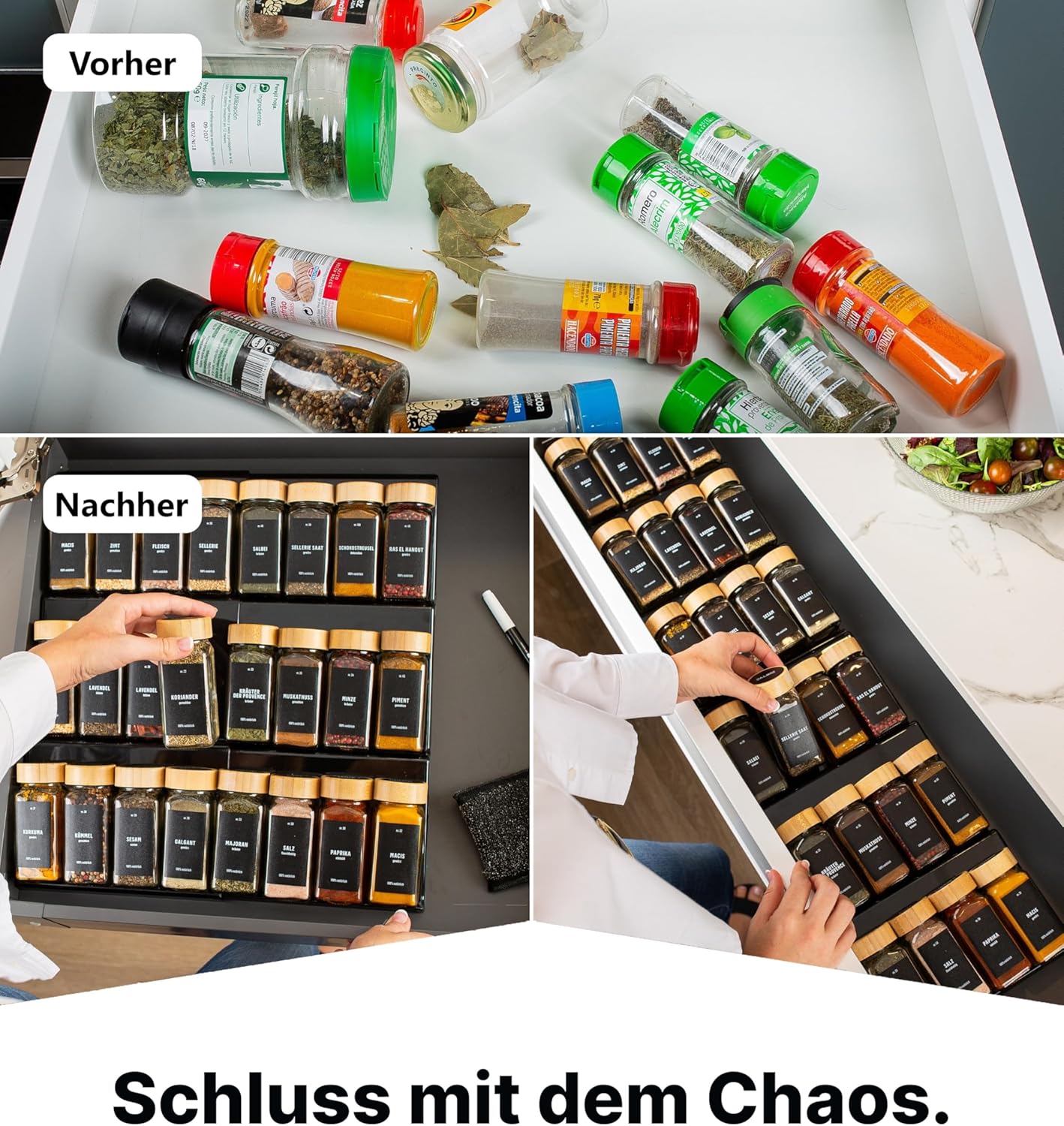 Gewürzgläser-Set mit Schubladeneinsatz, 24 Stk, ausziehbar, Schwarz, Deckel Bambus