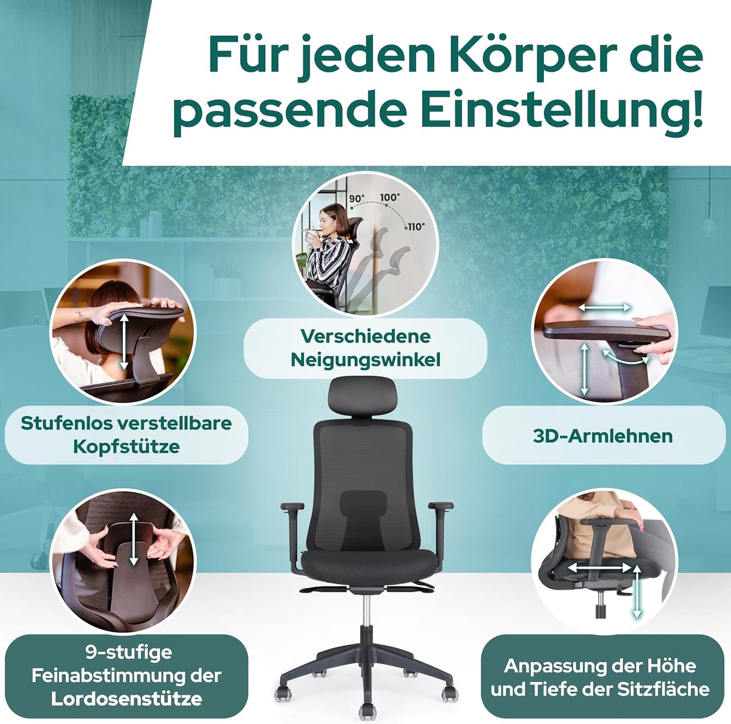 Ergonomischer Bürostuhl, Mit Kopfstütze Schwarz
