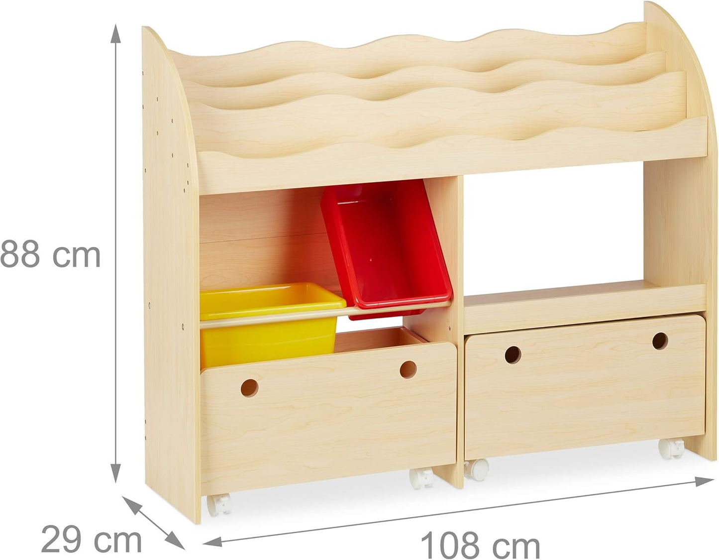 Kinderregal mit Kunststoffboxen und Bücherfächern