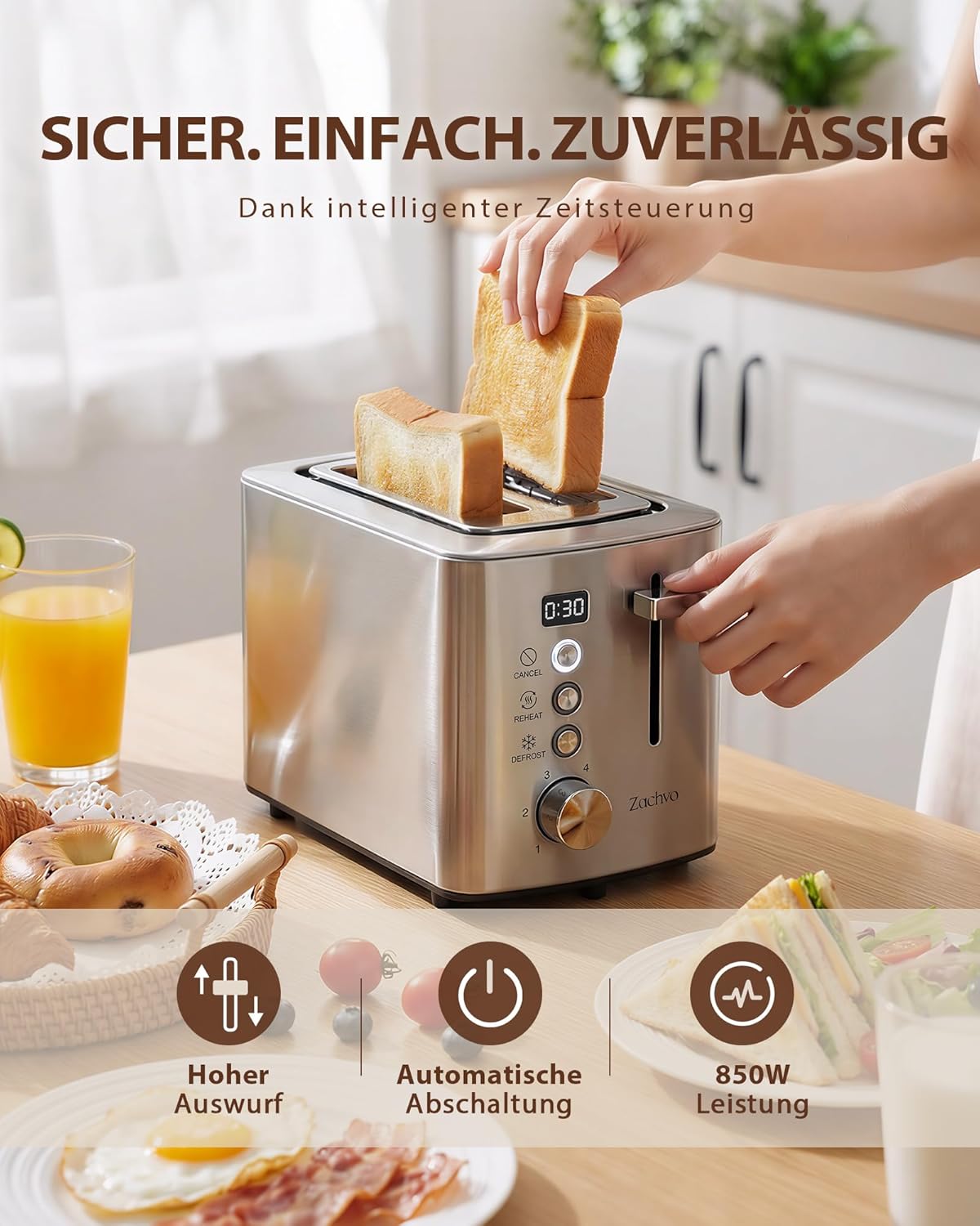 Toaster mit Brötchenaufsatz, Silber - Led Drehknopf