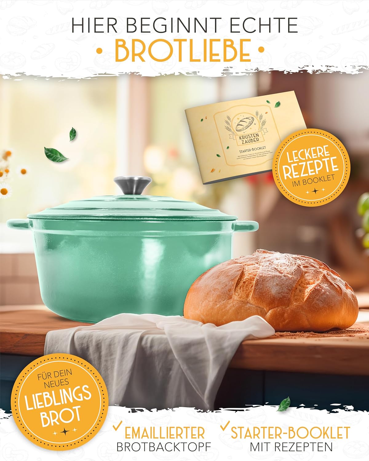 Brotbacktopf mit Deckel, backofengeeignet, Emaille Topf 4,7l - Mint - Einzeln