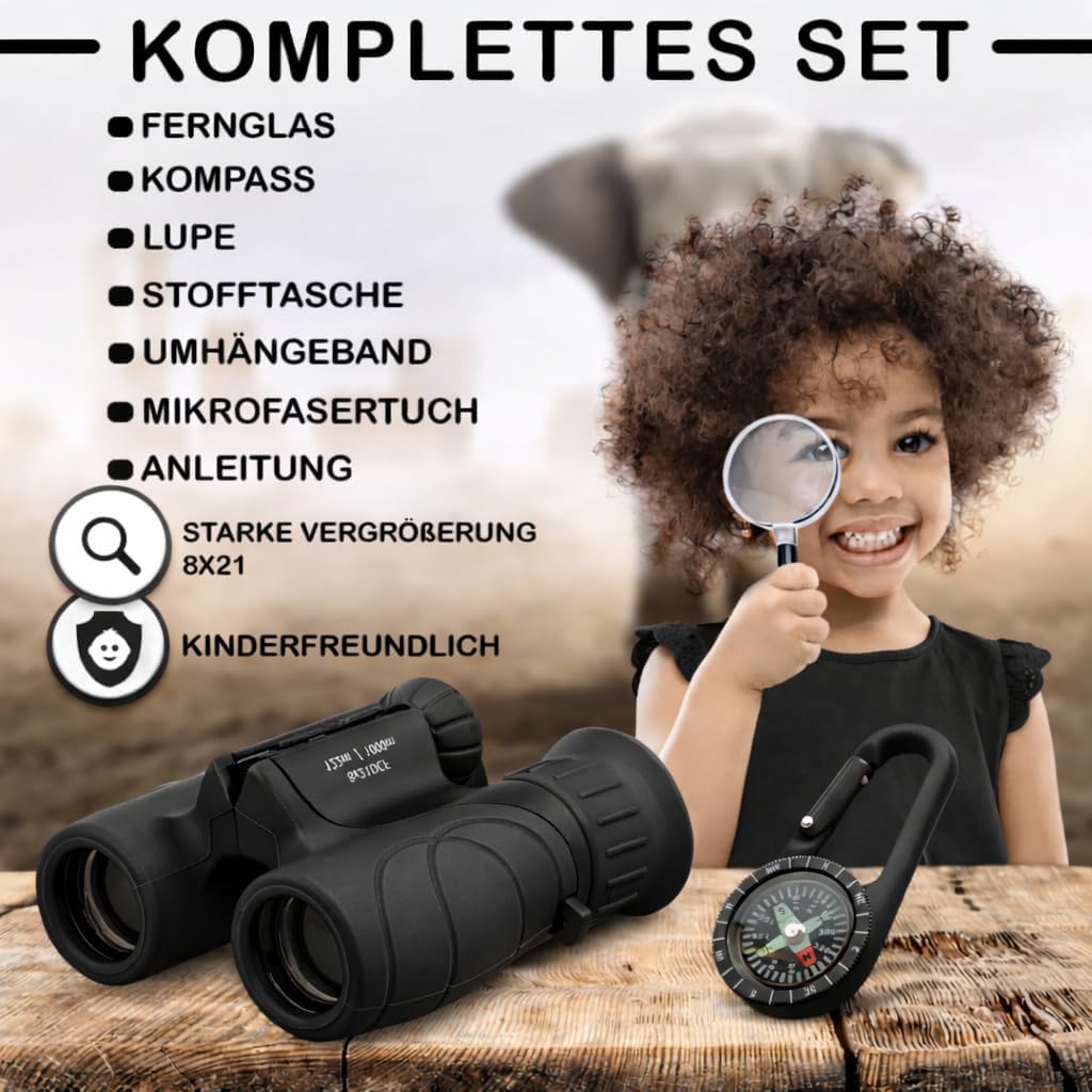 Fernglas für Kinder inklusive Lupe & Kompass, Schwarz