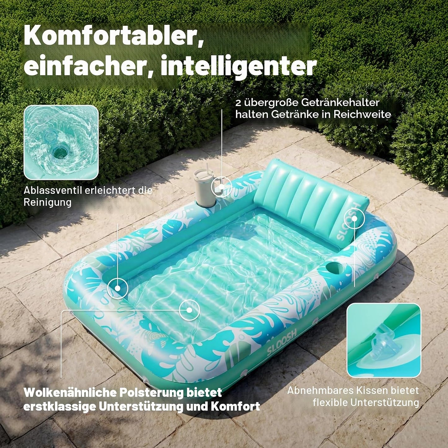 Aufblasbarer 4-in-1 Sonnenliegepool mit Kissen und Getränkehalter, Cyanweiss L