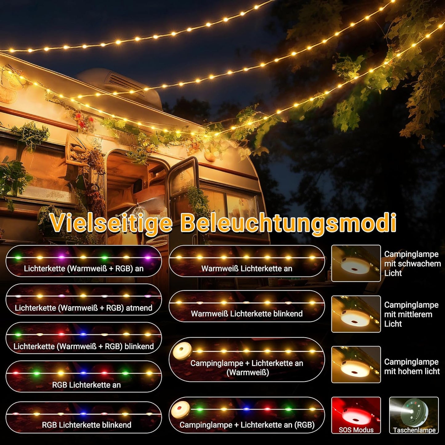 Camping Lichterkette 10M mit 9 Modi und Timer, 10M Warmweiss+bunt
