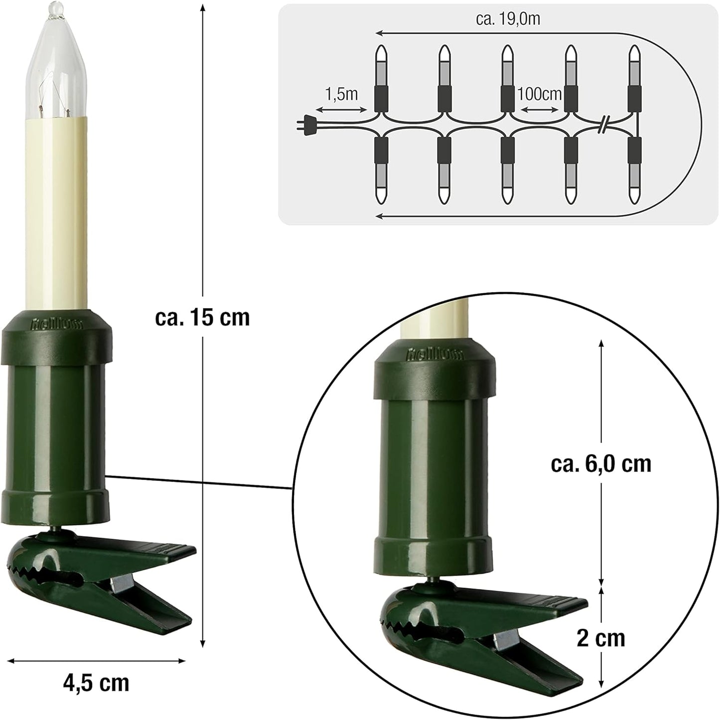 Schaftkerzenkette, 20 Lichter (Schaft) / 19m beleuchtet