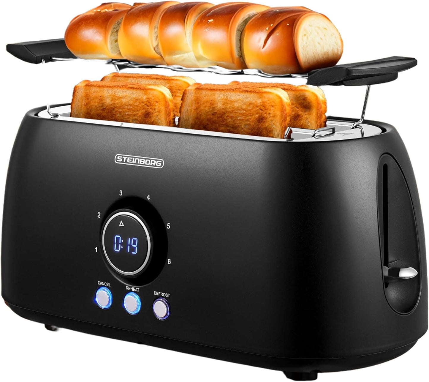 Langschlitztoaster mit Brötchenaufsatz, Schwarz
