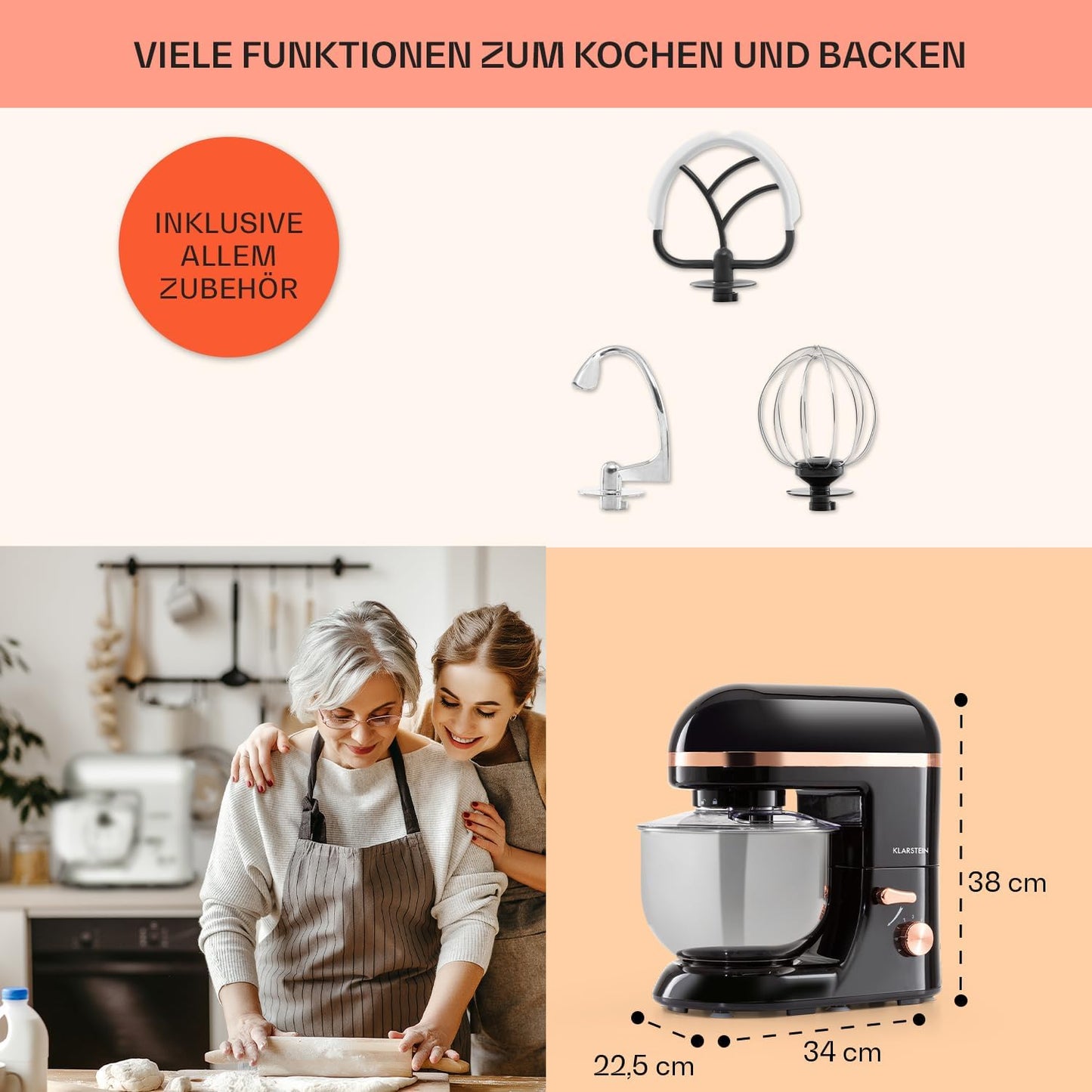 Profi Küchenmaschine mit 5L Schüssel, Knethaken und Schneebesen, Schwarz