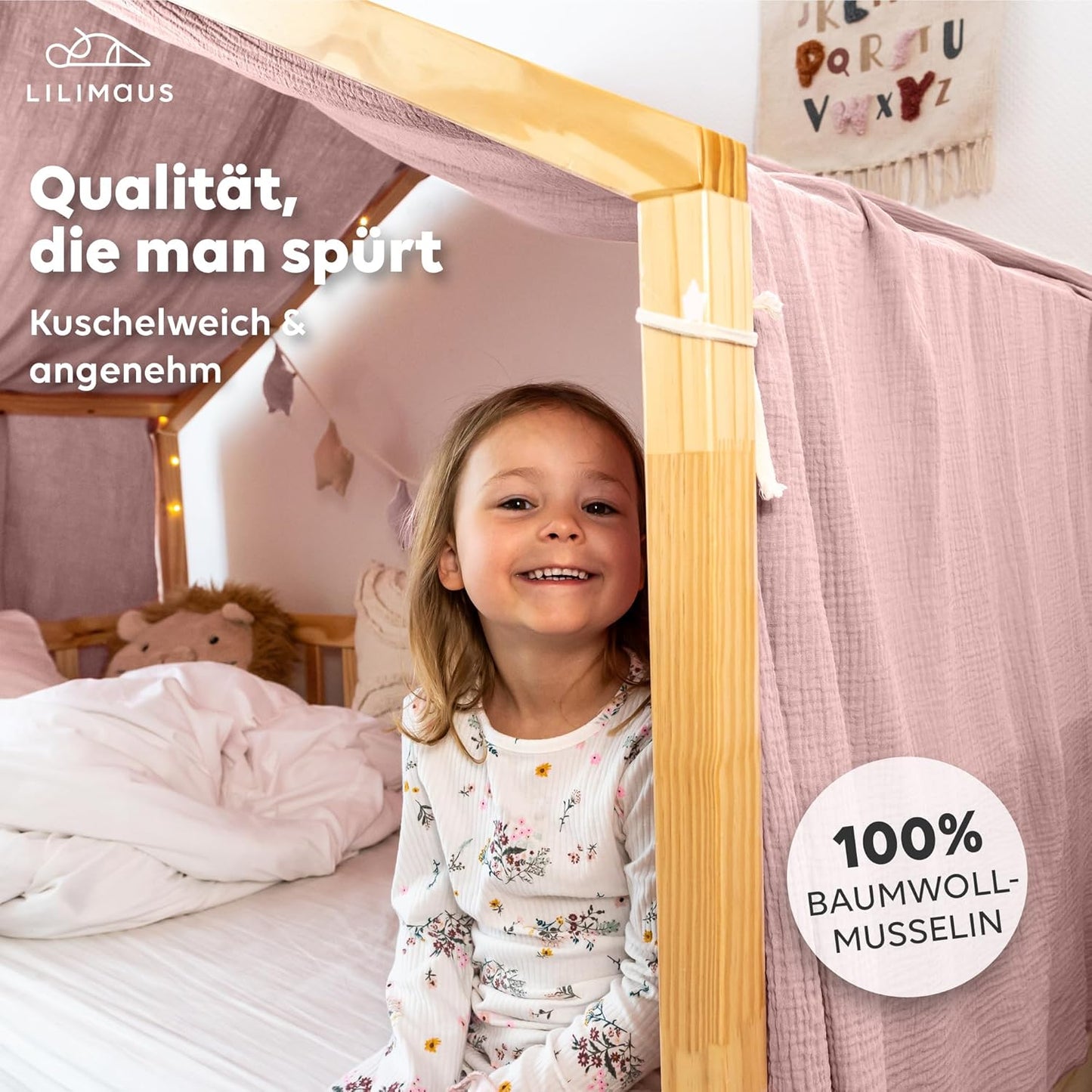 Hausbett Stoffhimmel, Puderrosa 135 x 320cm ohne Goldapplikation
