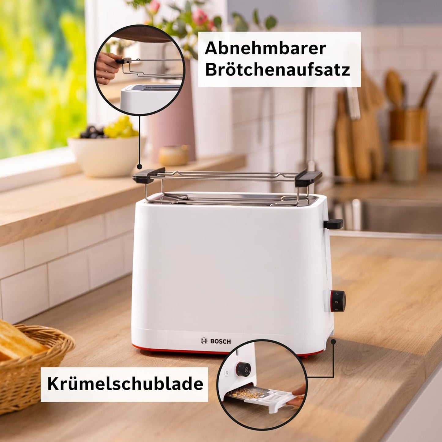 MyMoment Toaster mit Brötchenaufsatz und Auftaufunktion, Weiss