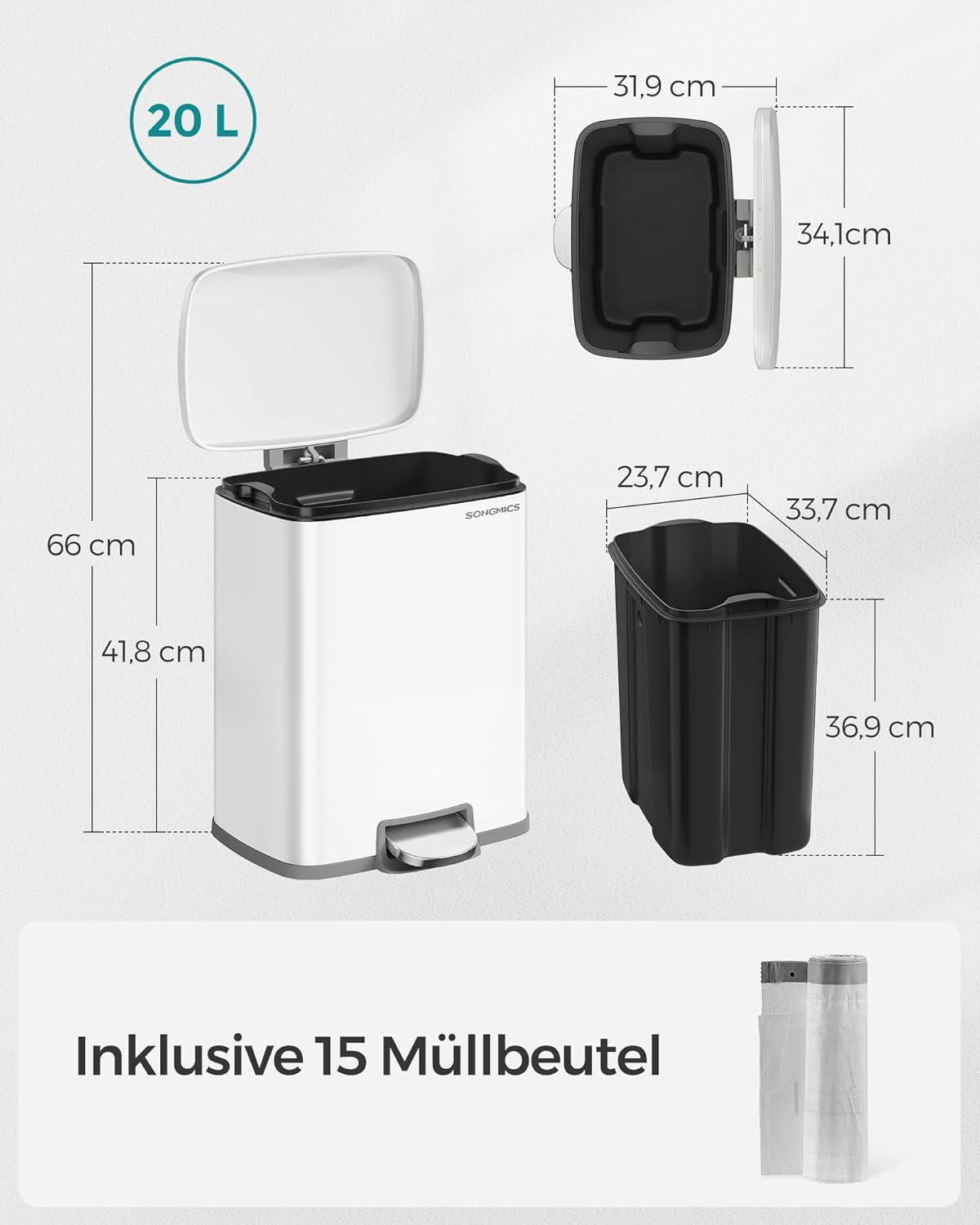 Tretmülleimer mit Softclose, Treteimer aus Stahl 20L weiss