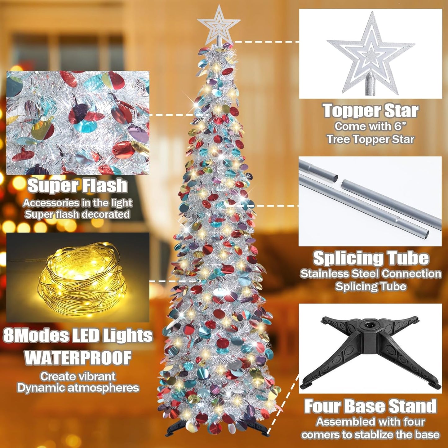 Pop-Up Lametta Weihnachtsbaum, 152.4 cm Buntes Silber