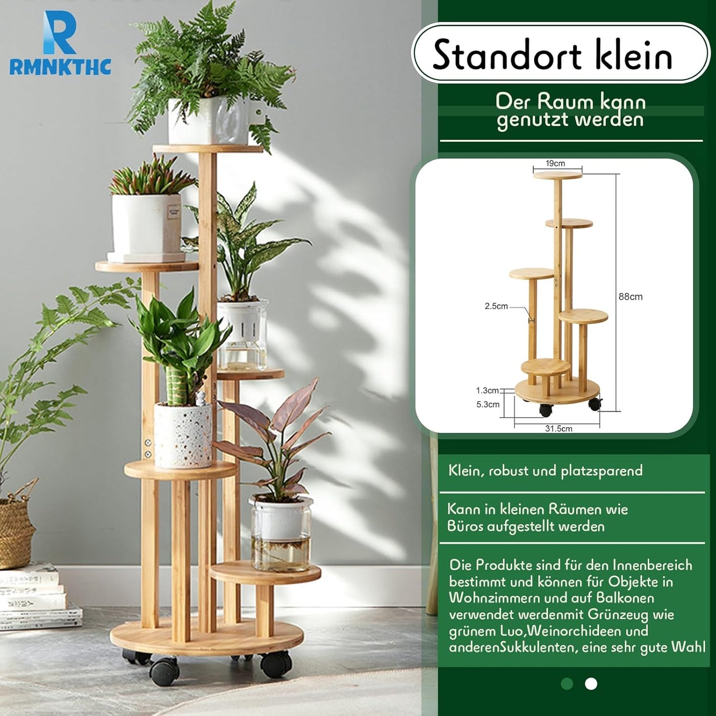 Bambus Blumenregal auf Rollen, 5-stufig, Holzfarbe 5-stufig