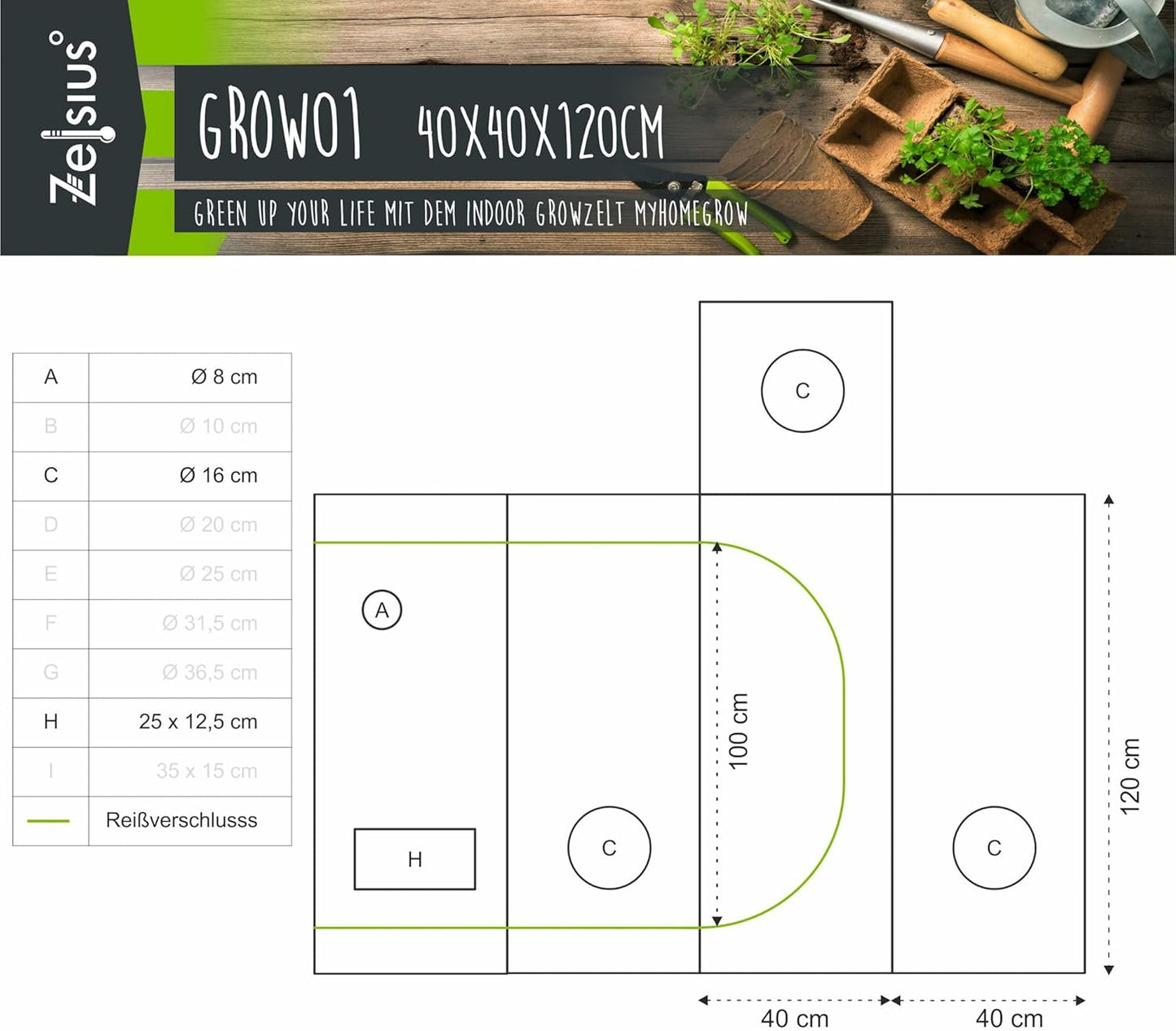 Growzelt MyHomeGrow (40x40x120 cm), Schwarz 40 x 40 x 120 cm