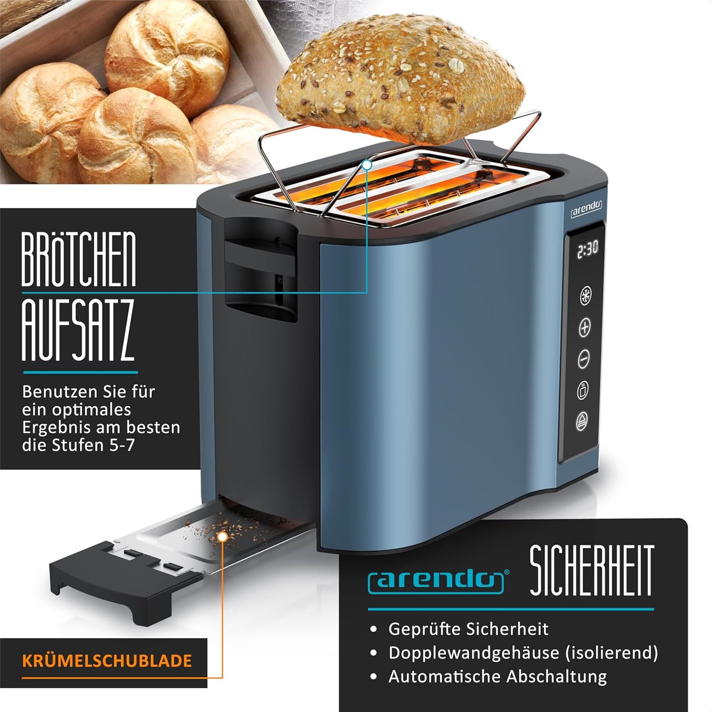 Toaster mit Display und 7 Bräunungsstufen, C: Blau