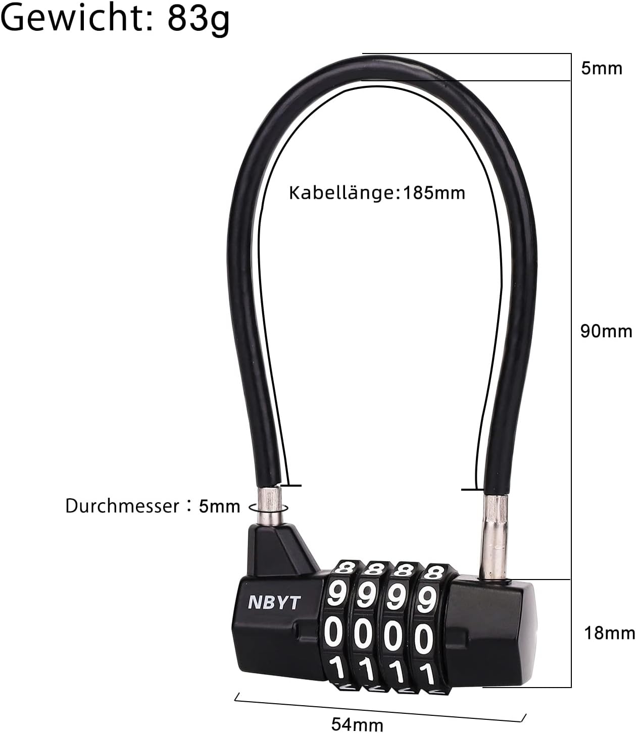 Zahlenschloss mit Stahlseil, 18cm(Innenabstand: 9cm)/Durchm.5mm-2pack