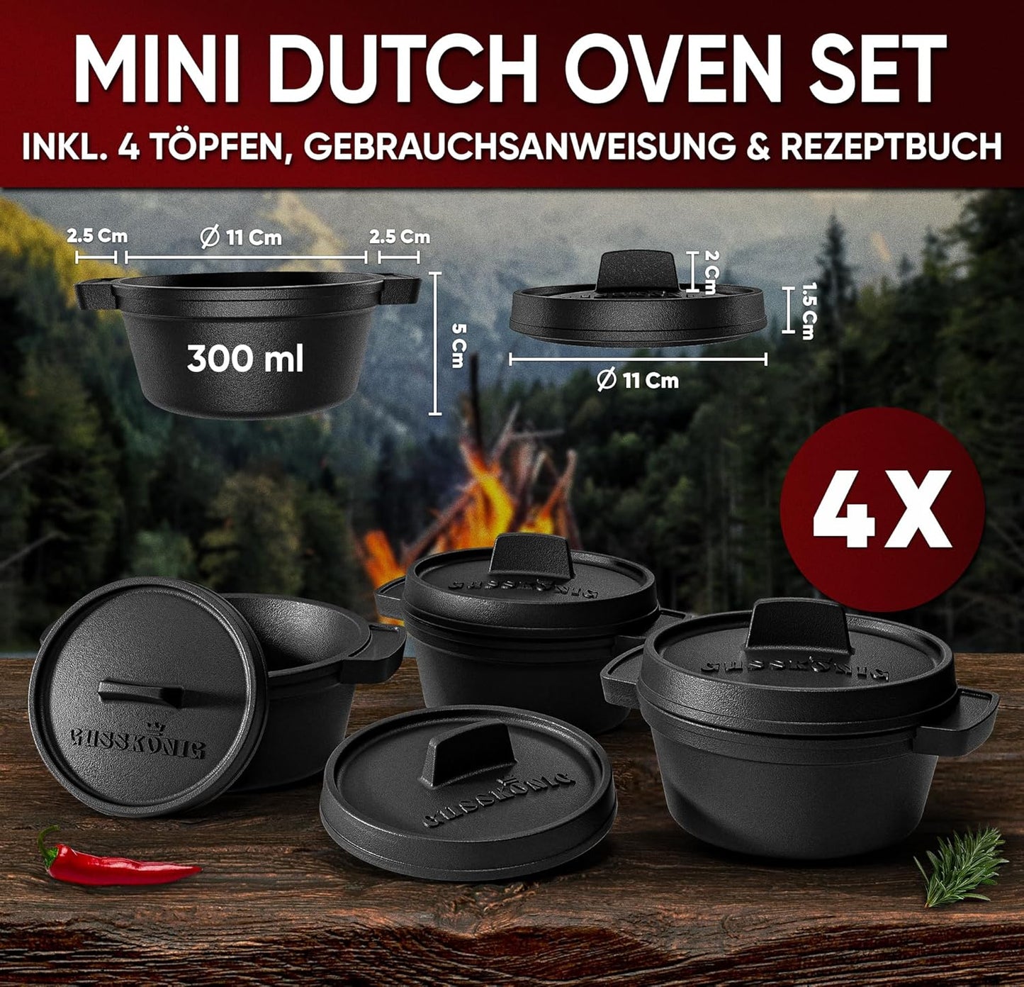 4-teiliges Mini Dutch Oven-Set, 4x Mini-Dutch oven