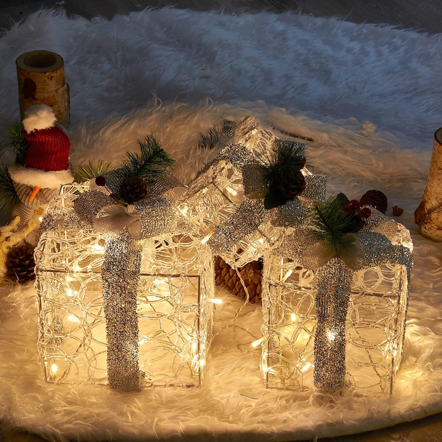 3er-Set LED-Weihnachtsgeschenkboxen, Weiss Acryl
