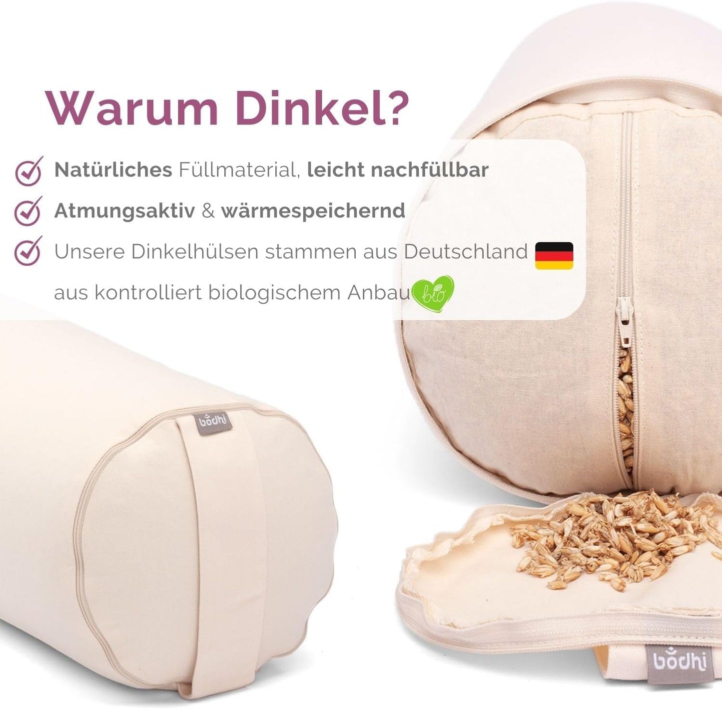 Yoga Bolster Eco mit Bio Dinkelfüllung, natur