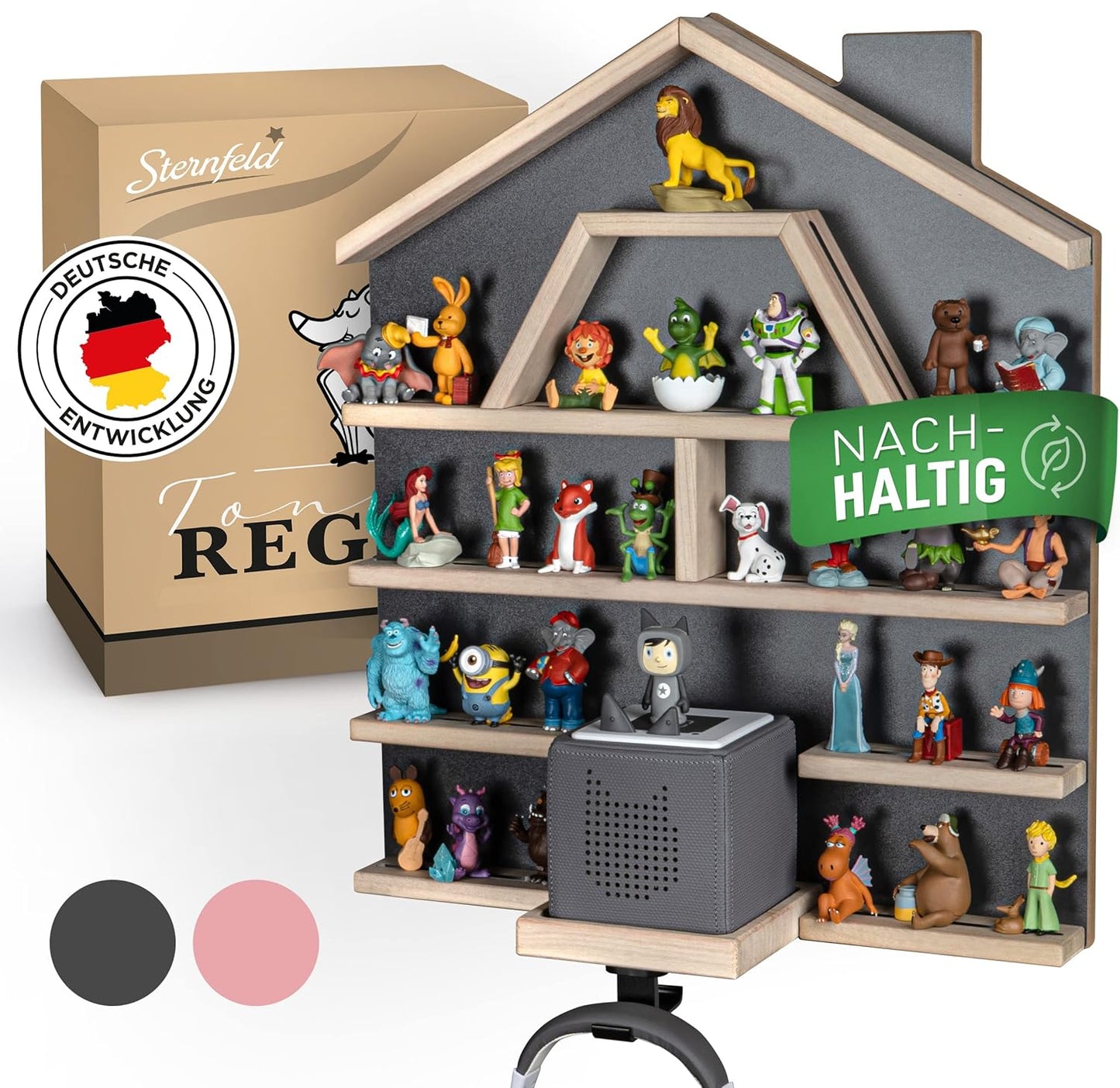 Magnetisches Tonie Regal für Toniebox & Figuren, Grau Platz für 52 Tonies