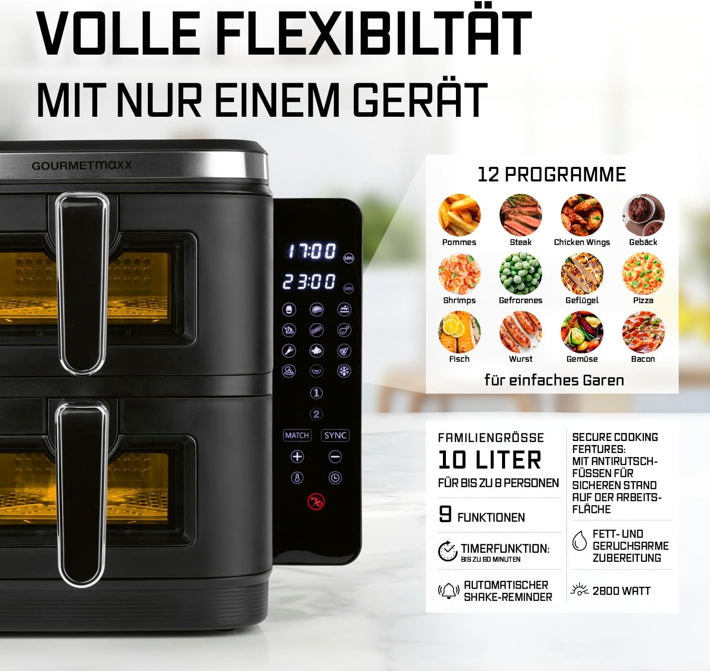 FryUp Heissluftfritteuse mit Doppelkammer, 10 Liter (2x 5L)
