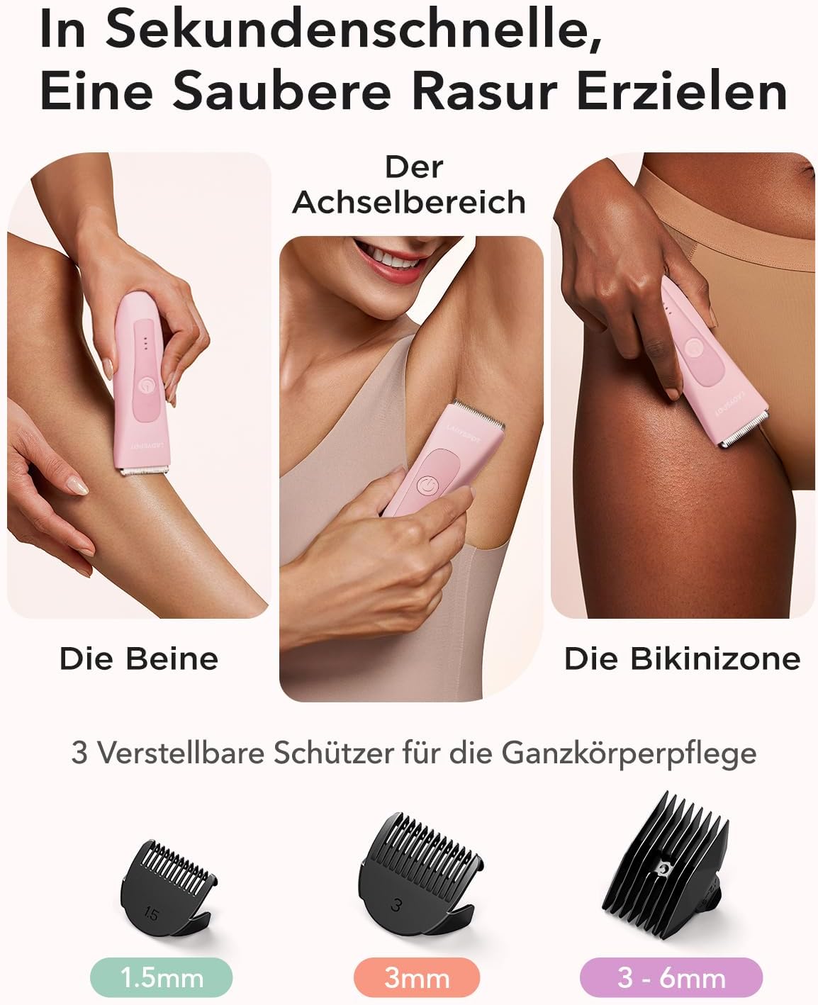Intimrasierer mit drei Schutzvorrichtungen, Rosa