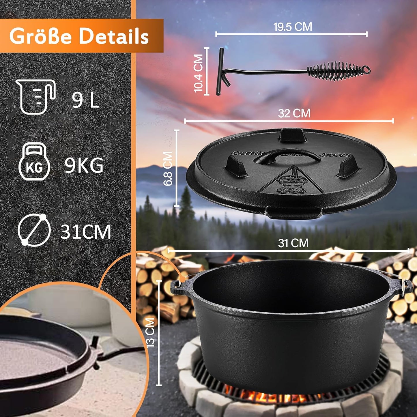 Dutch Oven mit Deckelheber, 9 Liter