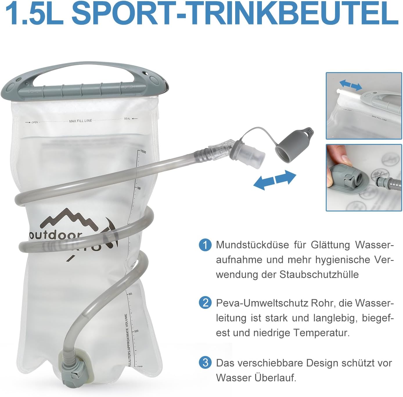 Trinkrucksack mit 1.5l Wasserblase, Saphir Standard