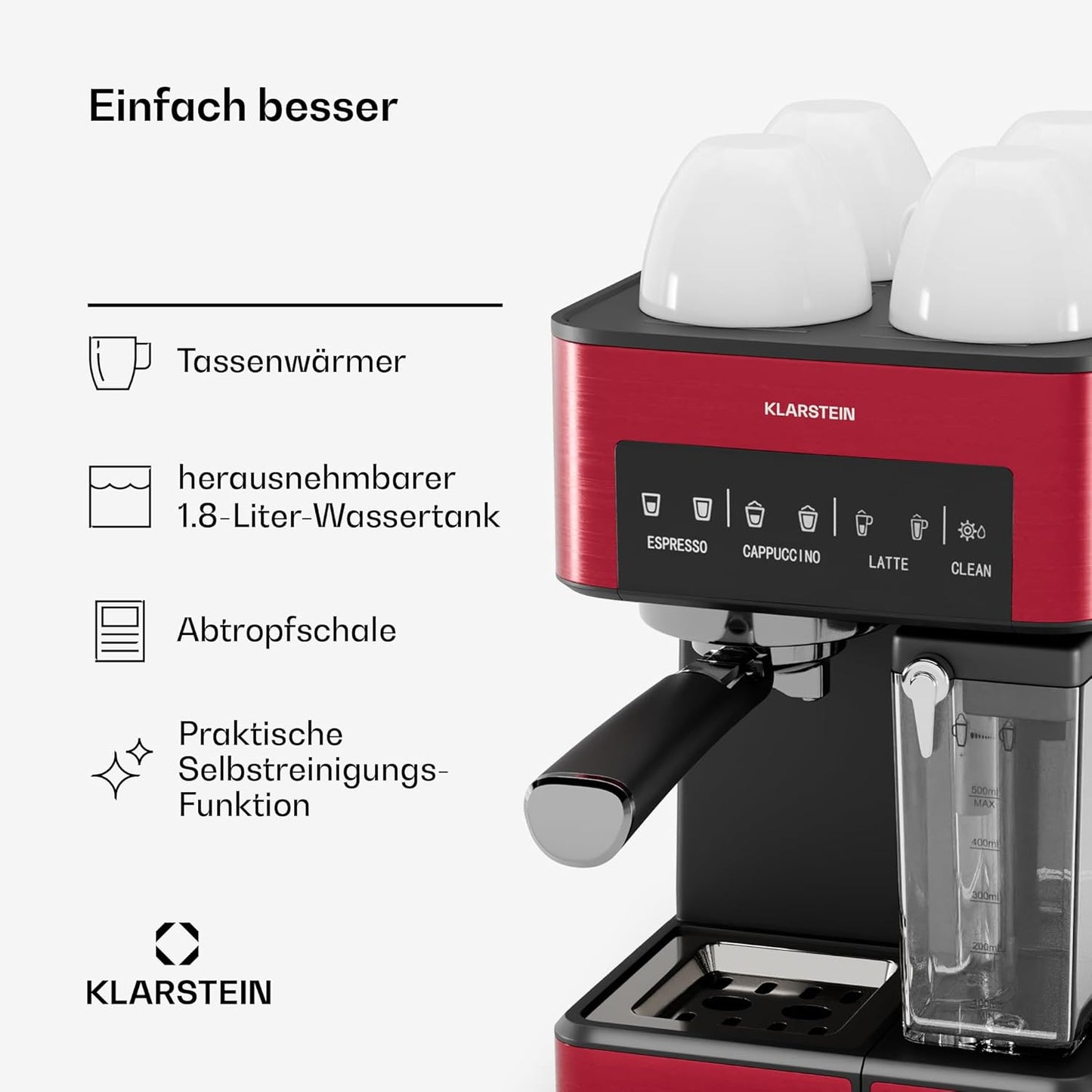Arabica Comfort Siebträgermaschine mit Milchaufschäumer, 1.8L Rot