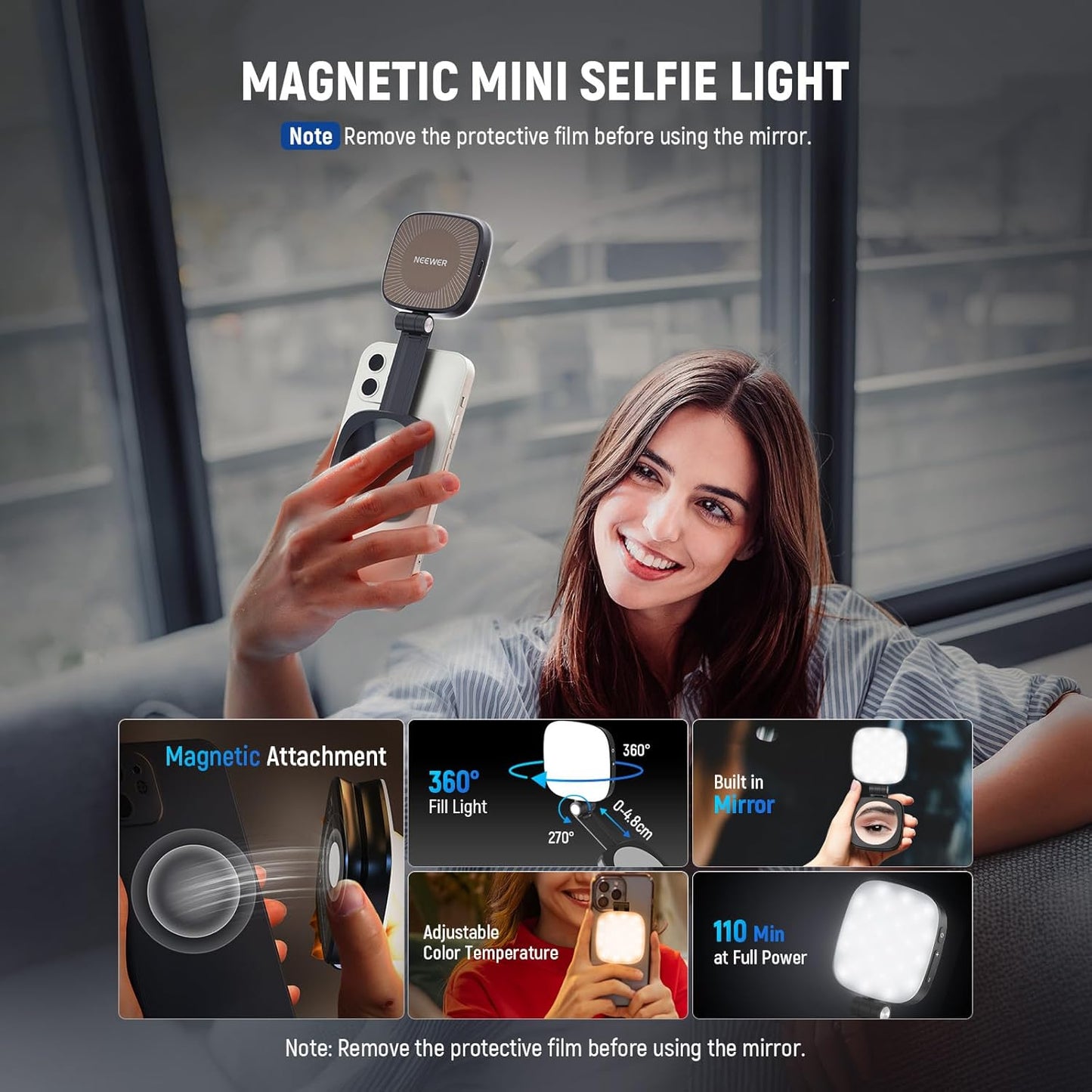 Magnetisches Selfie-Licht mit Ständer und Spiegel, NL48B Schwarz