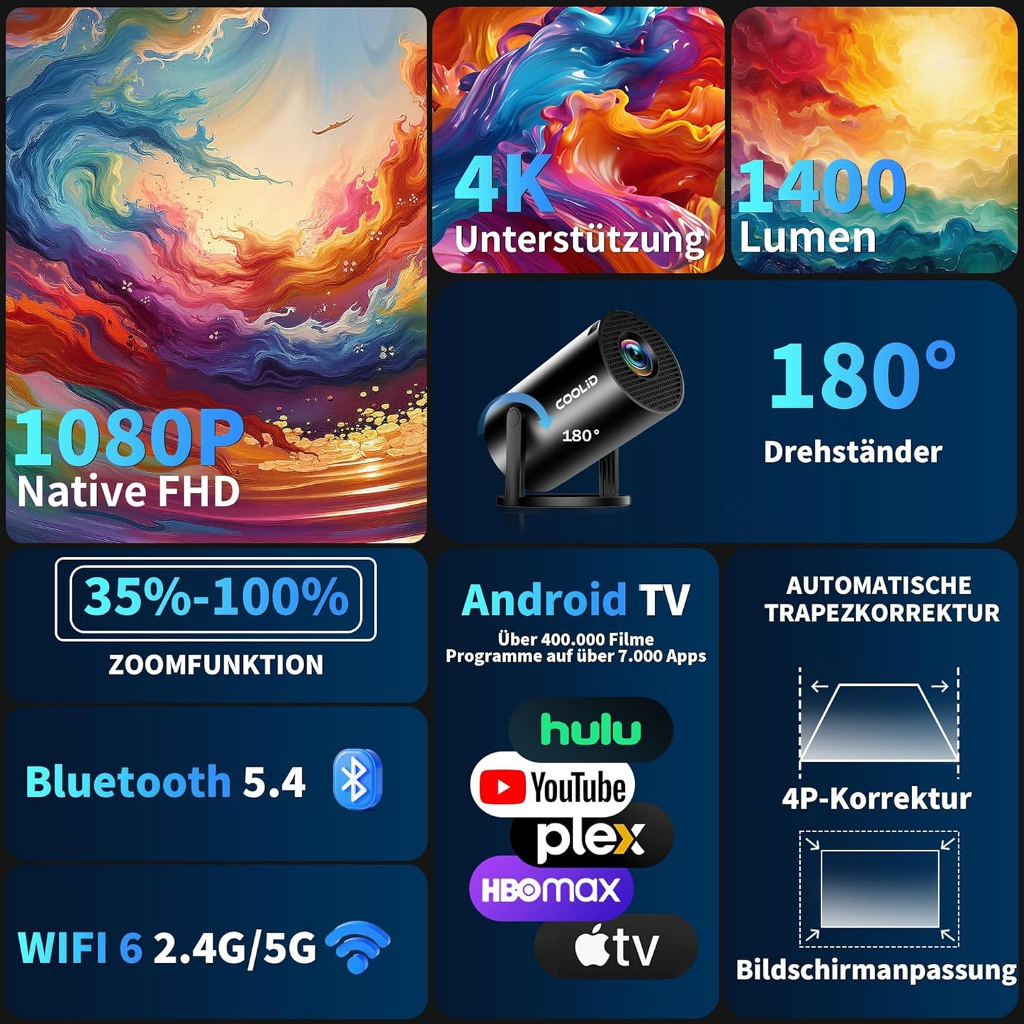 Mini Beamer mit 4K-Unterstützung und 5G WiFi 6, Black-X